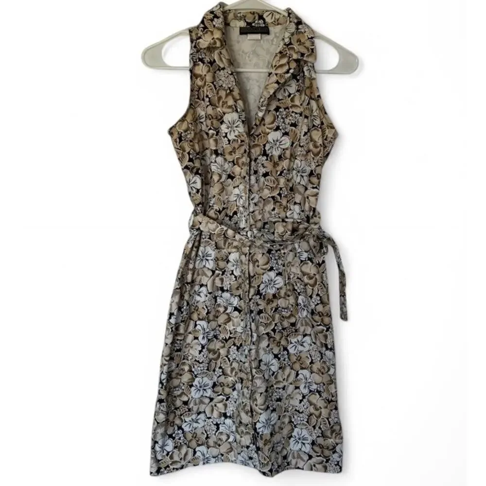 Vintage Herman Geist cotton tan floral tie midi dress size 6 Made in the USA - Picture 2 of 4